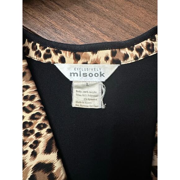 Exclusively Misook Animal Print Trim Long Cardigan Knit Sweater Black Brown L - Picture 6 of 11